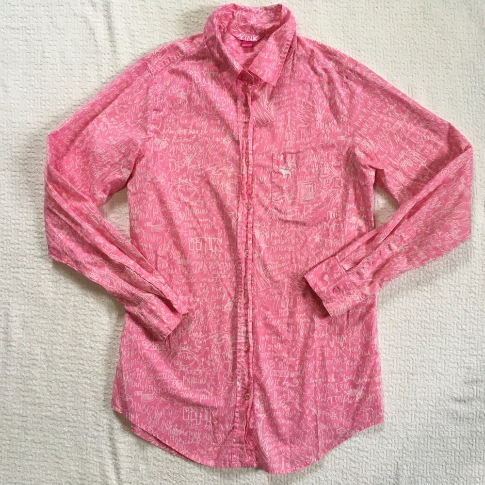 Victoria's‎ Secret Y2K PINK XS Sleep Shirt Dorm Lounge Button Down Doodle